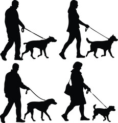 Silhouettes of People Walking Dogs – Black and White Vector Illustration of Multiple Figures with Leashed Pets, Side View, Minimalist Urban Life Design, Monochrome Artwork
