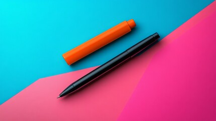 Minimalist Still Life Composition of Writing Instruments Against Geometric Color Blocks with Contemporary Artistic Focus