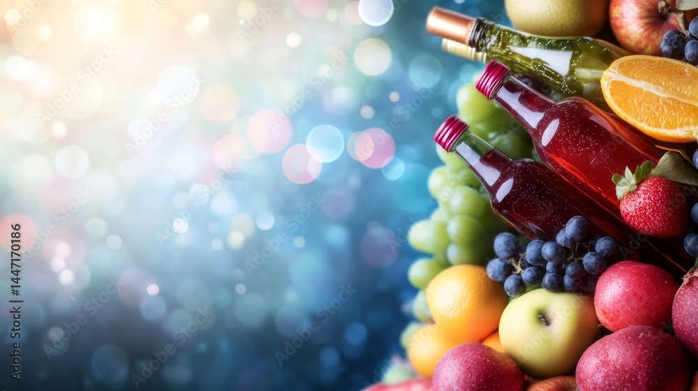 Poster overhead view features vibrant fruits and drinks arranged on a table at a farmers market, capturing 