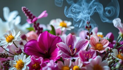 Vibrant Floral Arrangement with Colorful Flowers and Wisps of Smoke in a Soft Natural Light
