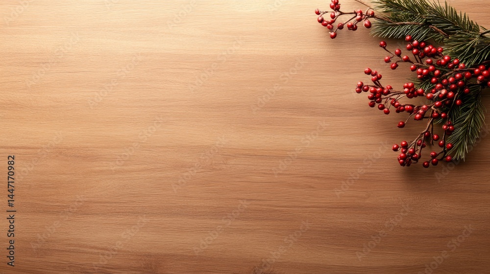 Poster a neatly arranged sprig of red holly berries and green fir needles sits on a wooden surface, enhanci