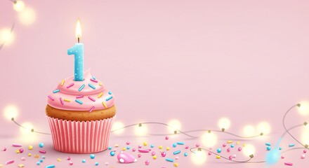 First Birthday Cupcake Celebration: A Sweet One-Year-Old Treat with Pink Frosting, Sprinkles, and Festive Lights