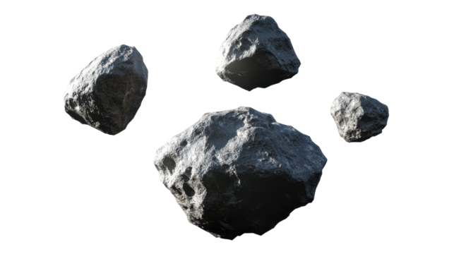 Floating Asteroids in Space with Detailed Texture and Dynamic Formation Against a Dark Background