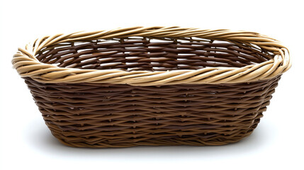 Obraz premium Woven rattan basket rectangular shape brown and beige color empty isolated on white background rustic style used for storage or harvest natural material
