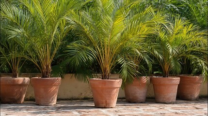 Obraz premium Tropical palm trees in terracotta pots stand under the sun, their lush green leaves contrasting beautifully with the earthy brown trunks. 