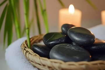 Fototapeta premium Smooth, dark stones nestled in a woven basket, promising serenity and relaxation near a softly glowing candle, creating a tranquil spa ambiance.