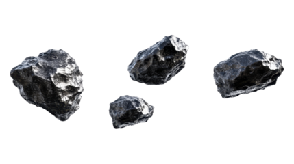 Flying Asteroids Floating in Space with Irregular Shapes and Dark Textures Against a Transparent Background