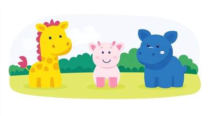 Naklejka premium Whimsical animal trio featuring a giraffe a cow and a hippopotamus rendered in a playful pixelated style perfect for children's content and educational resources