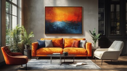 Living room interior with orange sofa abstract art plants and natural light.