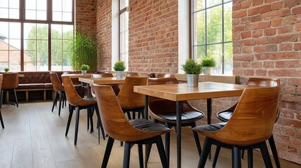 Fototapeta premium The restaurant interior features warm brick walls, sleek wooden tables, and modern chairs, all bathed in natural daylight, creating an inviting dining atmosphere. 