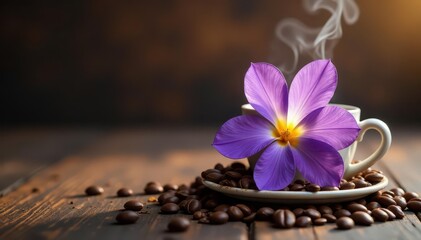 Fototapeta premium Single purple flower rests on warm coffee steam , aroma, vibrant, beverage