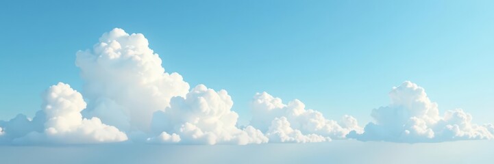 Soft, fluffy white cumulus clouds drift across a pale blue sky , open, serene