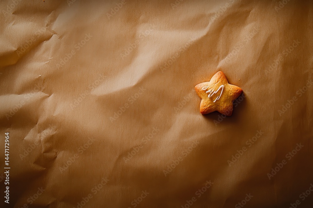 Aufkleber freshly baked gingerbread cookie in the shape of a star sits on rustic baking paper, featuring intri