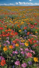 Vibrant wildflowers bloom under a vast blue sky ,  beauty,  sunny