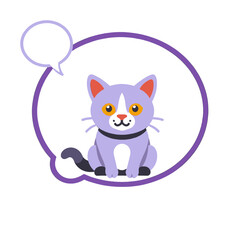 Fototapeta premium Cute Cartoon Cat Illustration_Purple Pet with Speech Bubble_Vector Graphic for Kids_Animal Character Art_Adorable Kitty Design_Fun Clipart for Children_Playful Cat Image