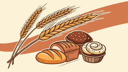 Create a vibrant vector banner showcasing a close-up of assorted delicious pastries and wheat, emphasizing texture and golden hues.