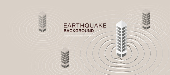 Earthquake concept with isometric skyscrapers and ripple shockwaves, representing seismic energy spreading through a modern city environment.
