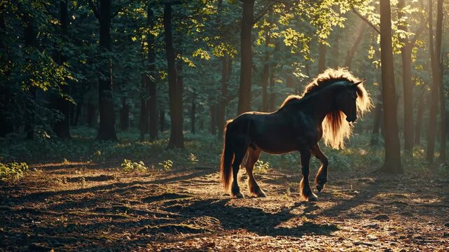 A majestic horse stands in a sunlit forest, captured from a low-angle, creating a cinematic video feel with dramatic lighting and shadows.Live desktop wallpaper.