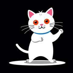 Fototapeta premium Cute White Cartoon Cat with Big Eyes_Friendly Feline Character Illustration_Funny Animal Graphic for Kids and Adults_Isolated on Black Background_Whimsical Cat Art