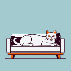 Cute White Cat Relaxing on a Modern Couch_Adorable Cartoon Cat Lounging_Minimalist Illustration of a Cat on Furniture_Pet Comfort_Home Decor