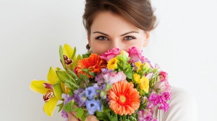 Naklejka premium Woman Hiding Behind Vibrant Spring Flower Bouquet