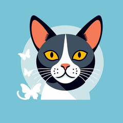 Obraz premium Cute_Cartoon_Cat_Illustration_with_Butterflies_Adorable_Feline_Friend_on_Blue_Background_Playful_Animal_Character_Graphic_Design_for_Kids_Room_Decor_and_Art_Projects