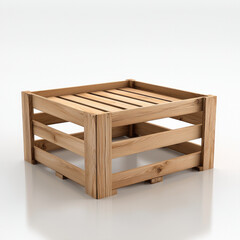 Square wooden crate with slatted sides and base, made of light natural wood, isolated on white background, suitable for storage, transport, or rustic decor