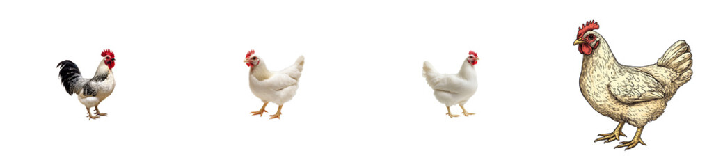 Fototapeta premium Farm poultry showing variety of chicken species. cut out transparent