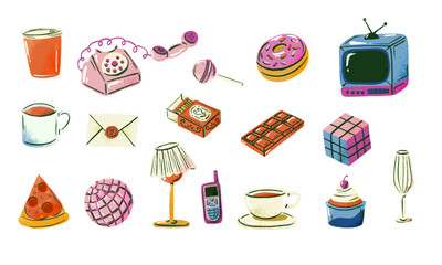 Retro Hand Drawn Object and Snack Icon. A collection of 17 retro style icons featuring food, drinks, electronics, and nostalgic items in soft hand drawn cartoon style