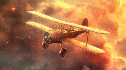Obraz premium Vintage biplane in fiery nebula