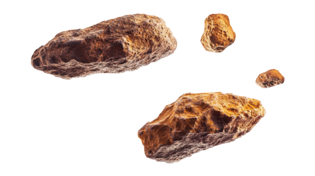Flying Asteroids in Space with Diverse Textures and Natural Rocks on a Transparent Background