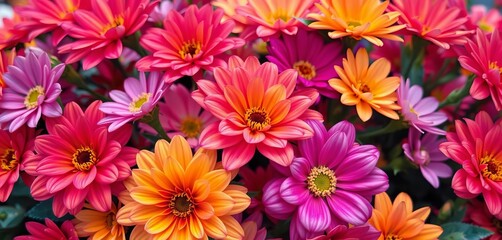 Vibrant blooms in a kaleidoscope of hues, lush petals, close-up view, vibrant, floral photography