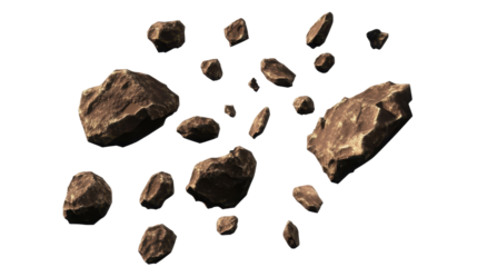 Flying Asteroids Scattered in Deep Space With Transparent Background and Cosmic Atmosphere