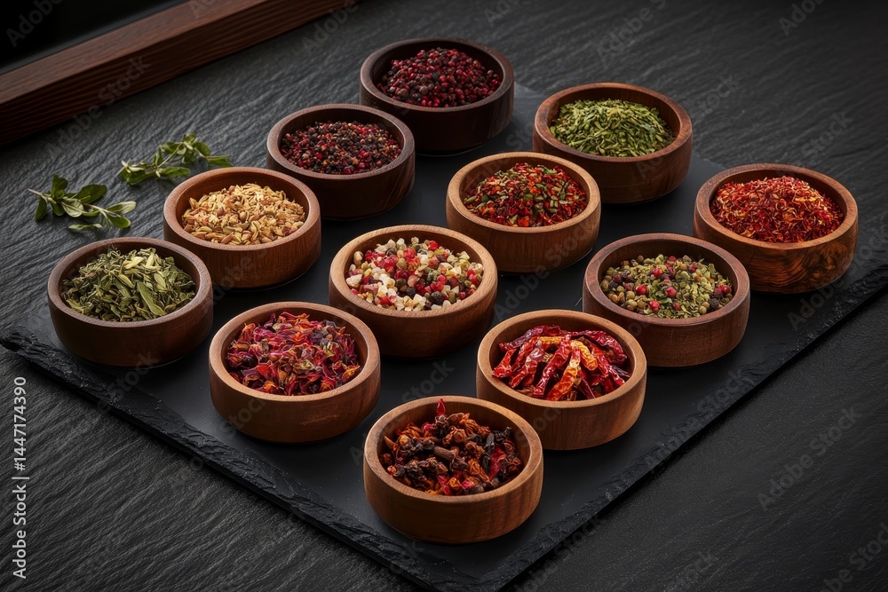 Poster an overhead view showcases a vibrant array of dried herbs and spices in wooden bowls on a slate surf