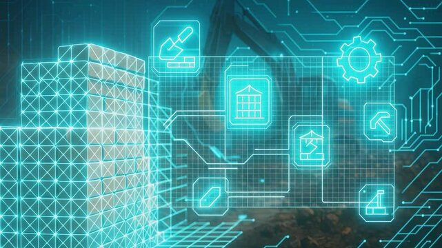 Futuristic Construction Blueprint with Glowing Holographic Icons Representing AI Architecture, Smart Building, and Digital Planning

