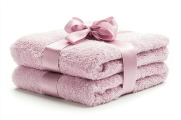 A stacked towels with ribbon isolated on white background.