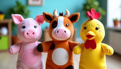 Adorable plush animals showing joy in a colorful playroom  