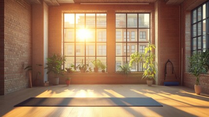 Fototapeta premium Open, stylish living space in loft with big windows, early morning sunlight and yoga mat ready for home fitness routine