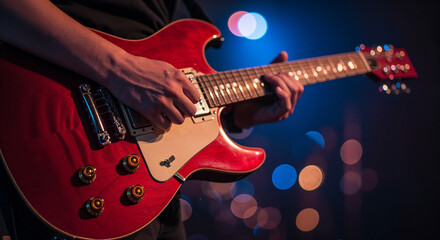 Naklejka premium A close-up shot of a red electric guitar in action, with dramatic lighting and vibrant bokeh.