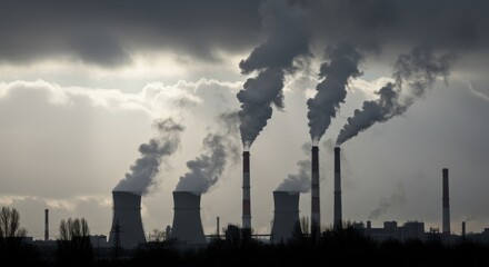 industrial smokestacks releasing thick clouds of smoke into an overcast sky. Taken from a distance to show the scale of emissions, with silhouettes of nearby buildings or trees for contrast.