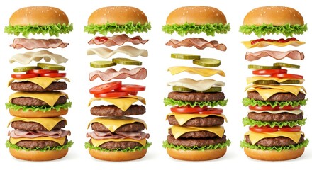 Exploded Burger View Showing All Ingredients on White Background