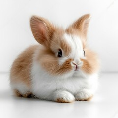 Fluffy Brown and White Rabbit Sitting Calmly on a White Surface with Soft Lighting