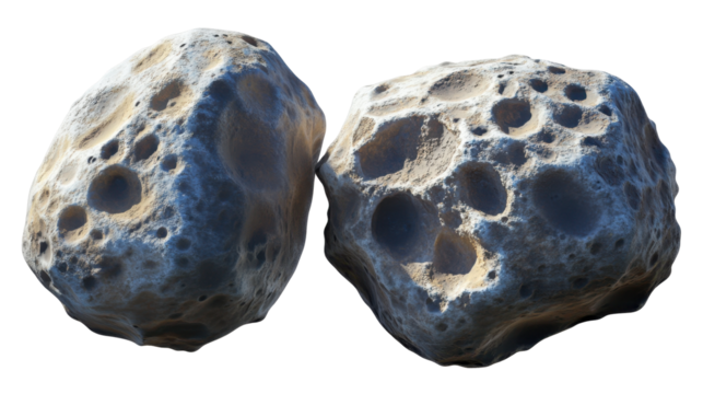 Two Irregularly Shaped Flying Asteroids with Distinct Craters in an Open Space Background