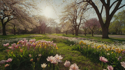 Fototapeta premium a bright spring garden with pink and colorful flowers lining the path under a sunny sky surrounded by lush greenery and blooms Premium Seasonal Landscape Nature Photography