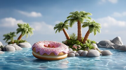 Obraz premium Tropical pool cartoon with donut float 3d beach resort illustration ocean vibe soft light scene