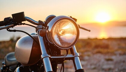 Closeup shot of a motorcycle on a sunset background
