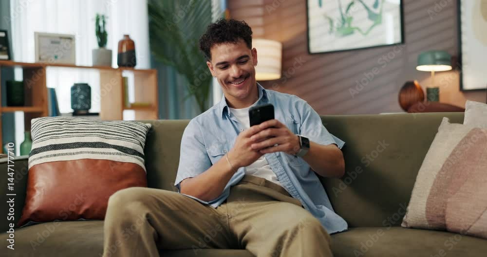Poster Sofa, man and smile with smartphone for communication, reading message and text from online contact. Home, male person and social media with mobile for application, dating website and chat on couch