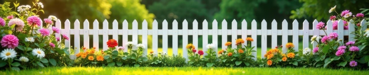Charming white picket fence surrounds vibrant flower garden , sunshine, greenery, rustic