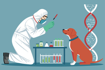 A detailed vector illustration of a veterinarian in full hazmat suit carefully examining a small pet, possibly a cat or dog, in a veterinary clinic setting.