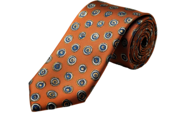 Close-up view of a rolled necktie with a burnt orange background and a design of circular patterns.